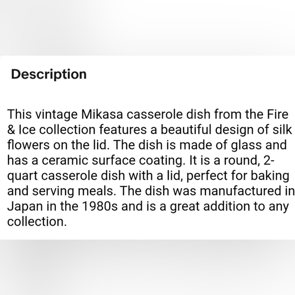 Mikasa Silk Flowers 'Fire & Ice" Casserole Dish with Matching Lid. EUC. - Picture 10 of 10